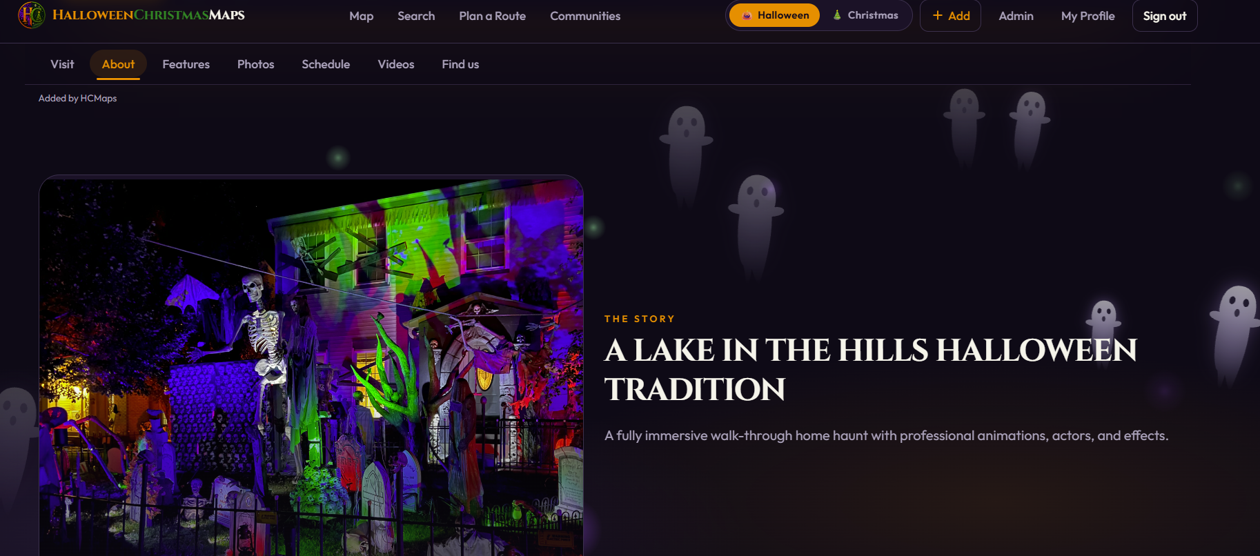 A Premium Place page during Halloween with animated ghosts drifting across the background